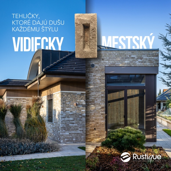 Porovnanie tehlovej fasády - obkladové pásiky MYSTIQUE od Rustique.sk vyniknú na vidieckom aj mestskom rodinnom dome